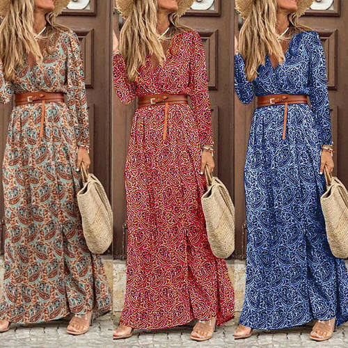 Long sleeved V-neck Bohemian floral dress 波西米亚碎花连衣裙
