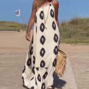 Neck Strap Dress 连衣裙 Long Oblique Fashion Women Loose