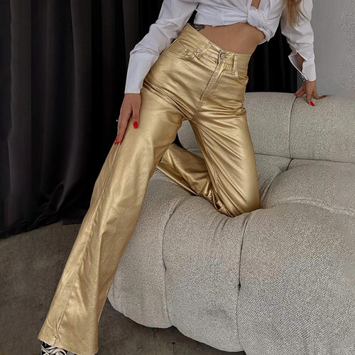 Pocket loose wide leg straight leg gold silver long pants