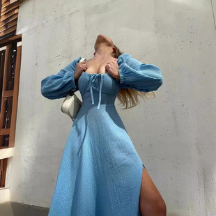 neck square color 方领性感开叉连衣裙 slit dress sexy Solid