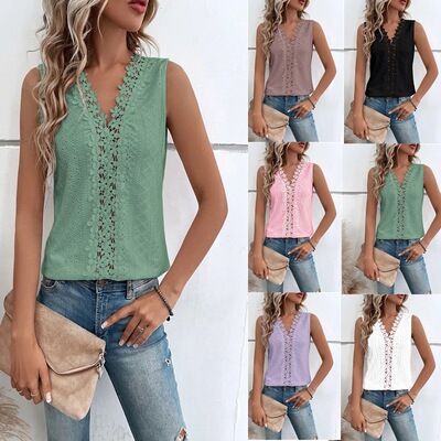 Women's summer new V-neck spliced hollow lace vest T top
