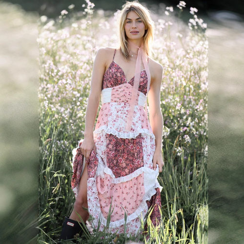 Women sleeveless camisole printed long skirt patchwork skirt