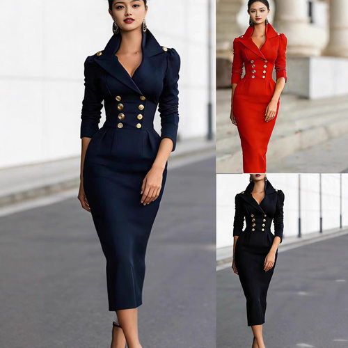 temperament high waisted dress long sleeved mid length skirt