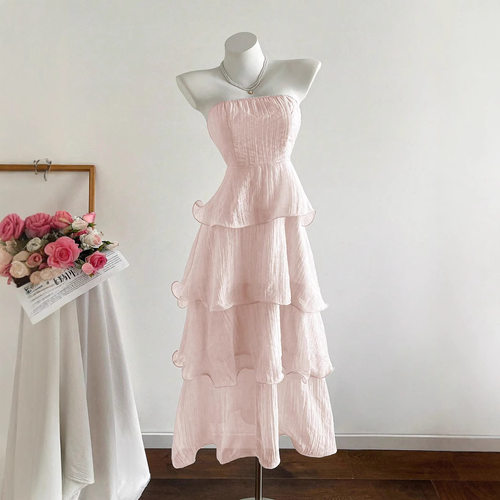 Cake skirt fairy strapless solid color lotus leaf dress 裙
