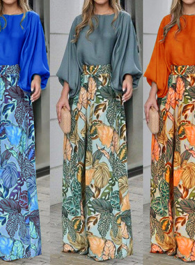 Women lantern sleeves loose top printed pants two-piece set