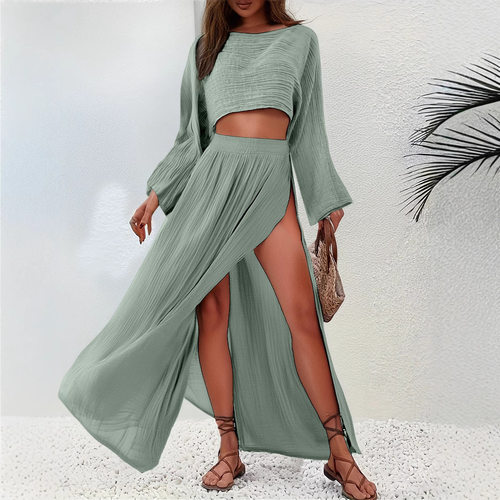 Short top high waisted slit casual two-piece set 两件套套装
