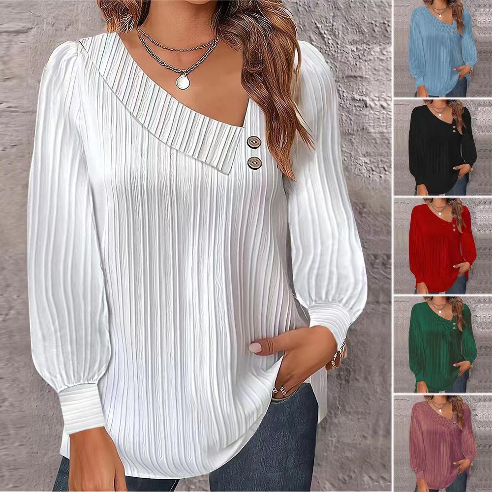 V-neck button solid color long sleeved shirt for women T恤