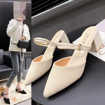 Pointed toe, thick heel, cool slippers, half drag sandals