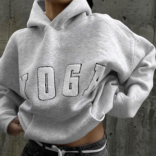 Casual grey YOGA letter printed loose hooded women's hoodie