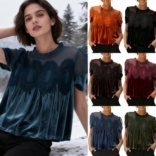 round top mesh lace velvet loose pullover embroidered neck