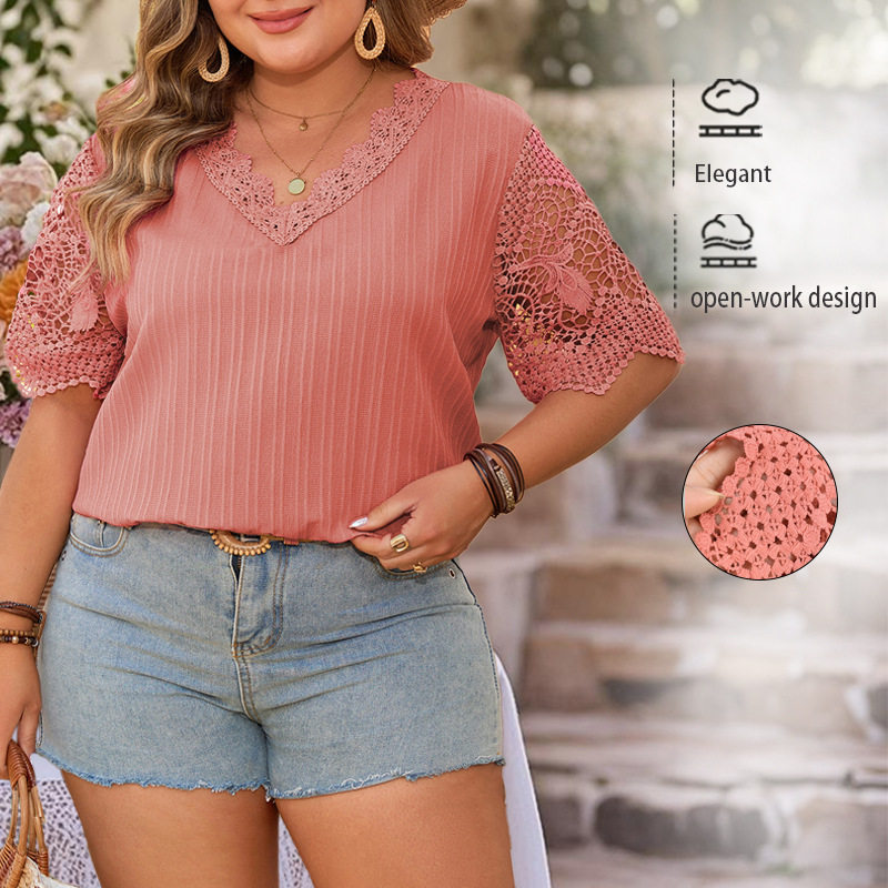 women's short sleeved top with hollowed out print V-neck top