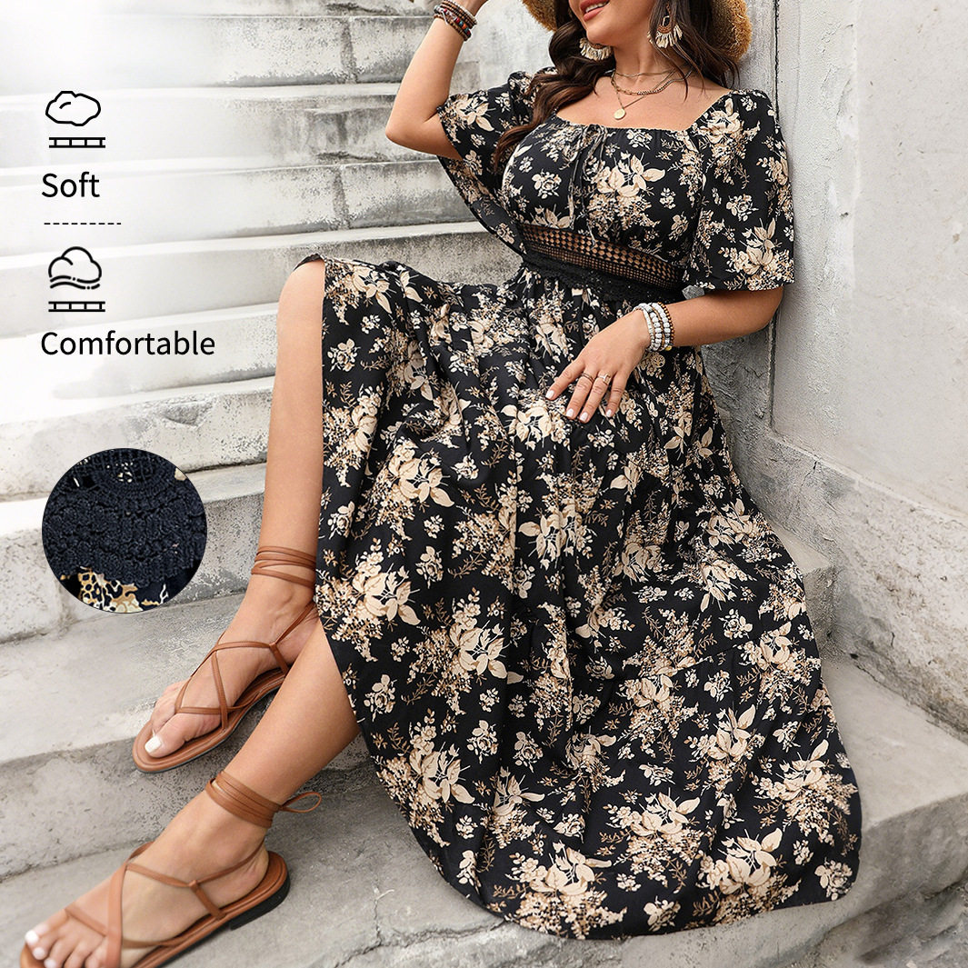 Women plus size 3xl square neck printed short sleeved dress