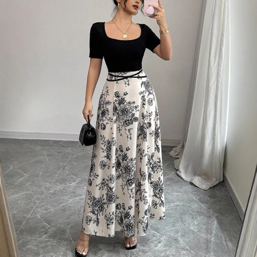 New summer solid color slimming French floral long dress