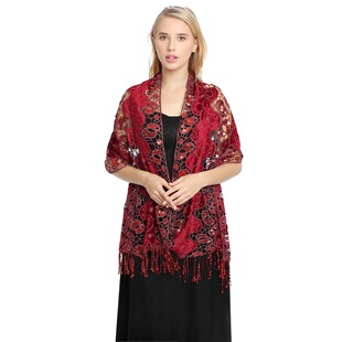 秋季酒红亮片丝绒镂空披肩复古流苏配旗袍礼服穿的结婚妈妈外披肩