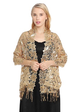 秋季薄款金黄色亮片流苏披肩搭配旗袍礼服中国风婚礼妈妈外搭宴会