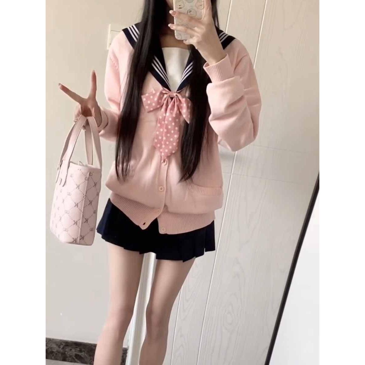 胖MM大码日系JK制服针织衫秋冬学院风开衫外套樱花妹穿搭长袖毛衣图片