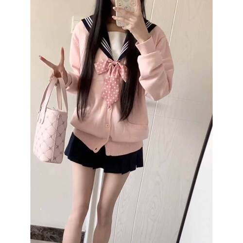 胖MM大码日系JK制服针织衫秋冬学院风开衫外套樱花妹穿搭长袖毛衣