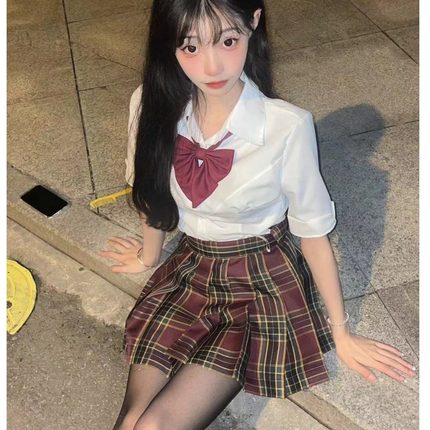 胖MM大码纯欲学院风收腰修身短袖上衣小众设计感衬衫百褶短裙套装