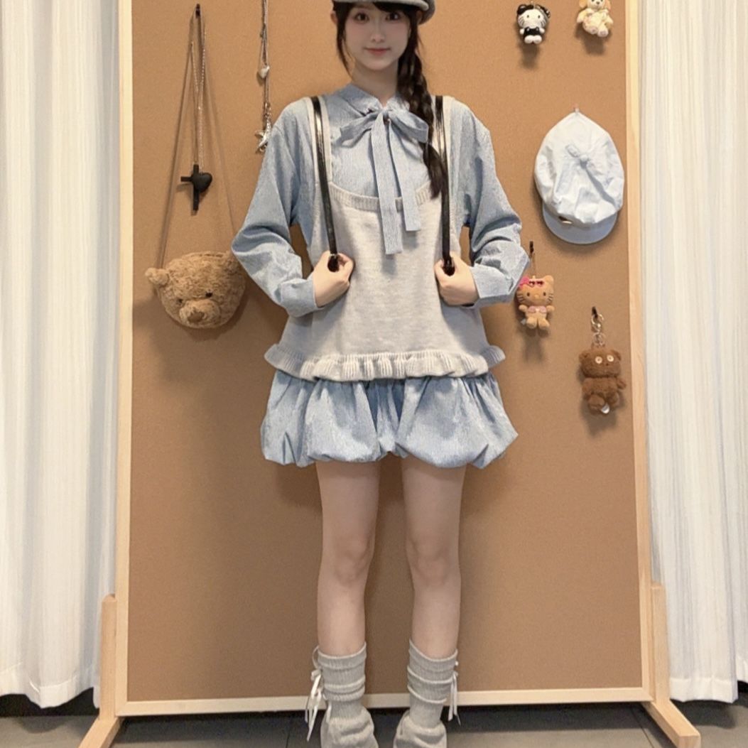 胖MM大码甜美韩系蝴蝶结复古衬衫裙叠穿马甲背心花苞裙女套装秋季