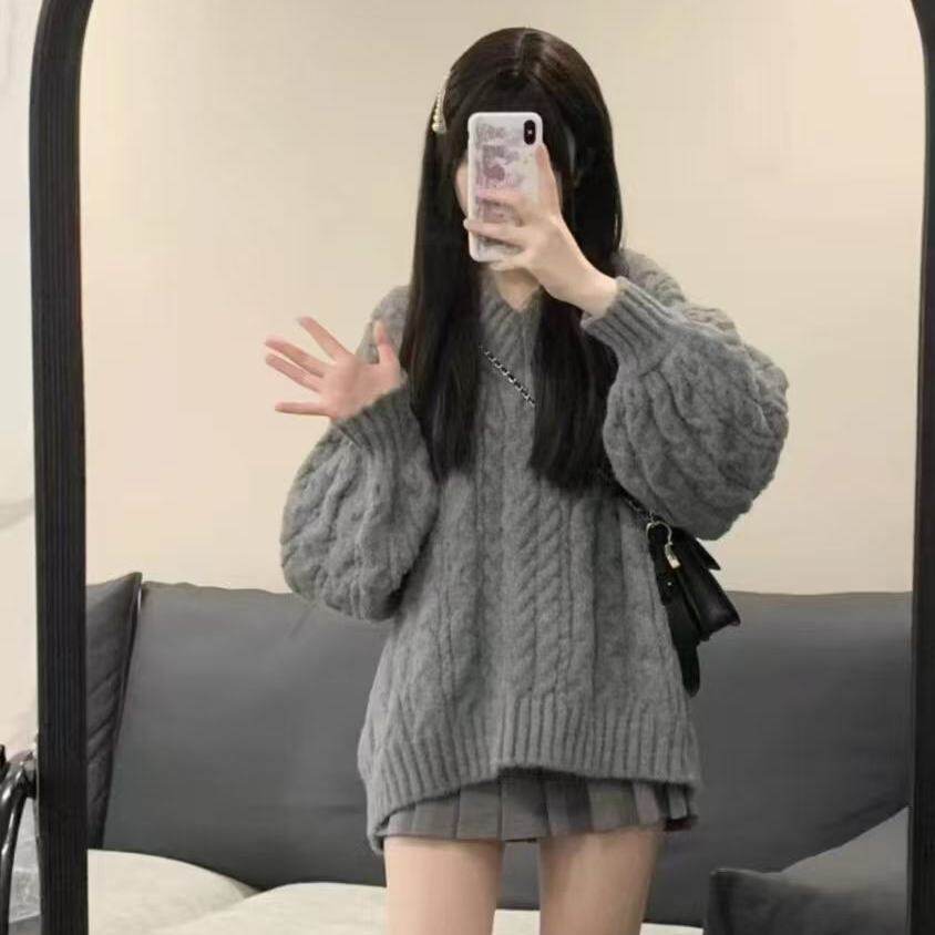 胖MM大码韩版灰色v领麻花毛衣女秋冬慵懒风宽松针织衫套头上衣女