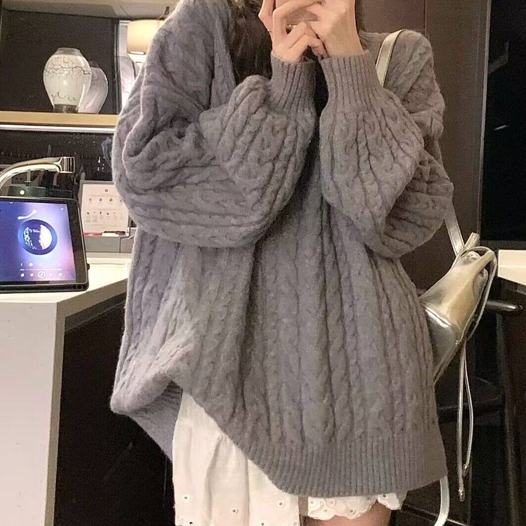 胖MM大码慵懒风复古软糯V领麻花纯色毛衣秋冬新款宽松针织衫上衣