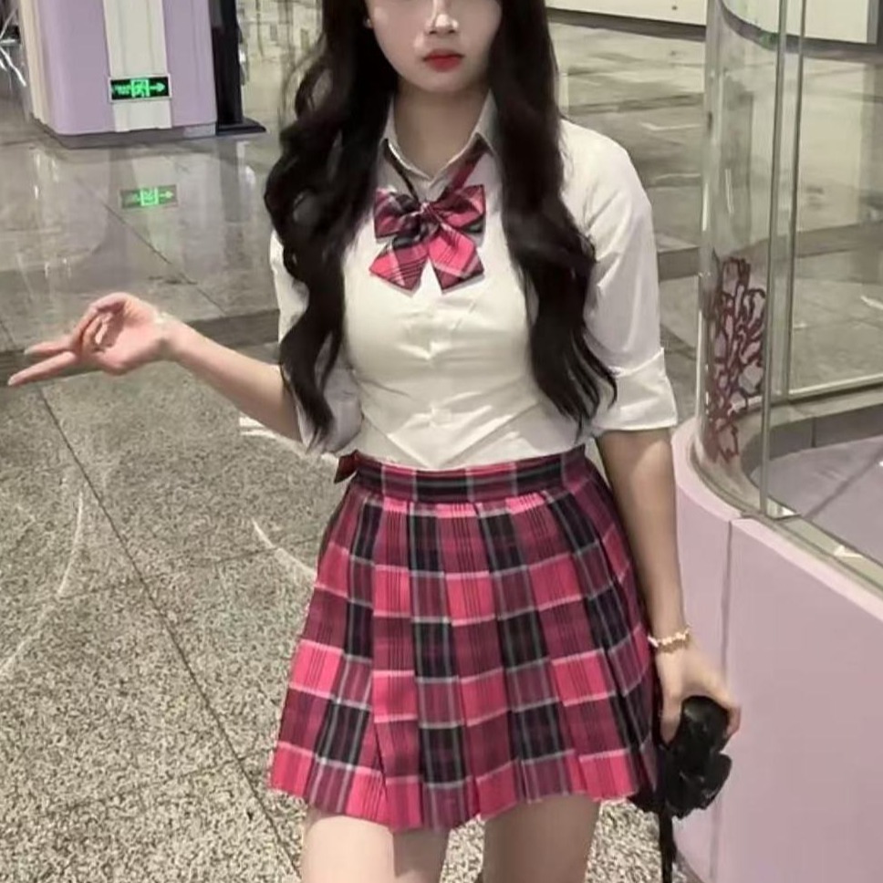 胖MM大码小众套装收腰修身长袖白色衬衫百搭小玫裙校供感JK制服女