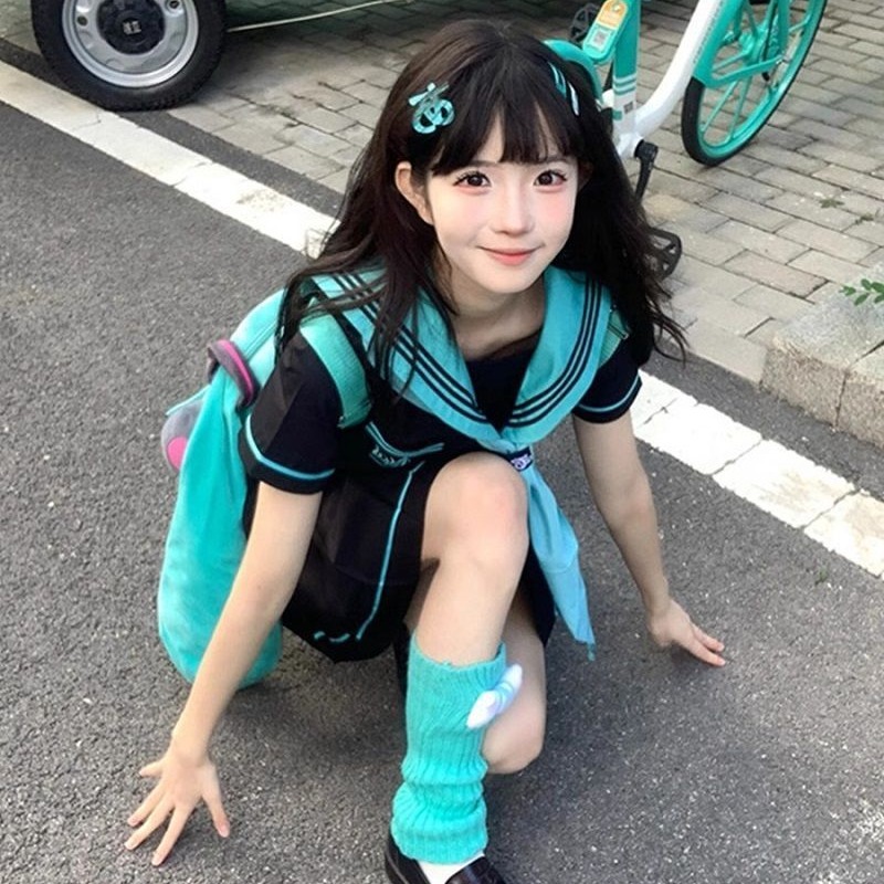 胖MM大码jk初音绿青本绘水手服校供感制服日系穿搭学院风套装女夏