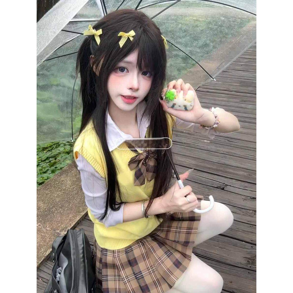 胖MM大码小棕格裙JK制服针织衫黄色马甲叠穿基础款长袖衬衫套装女