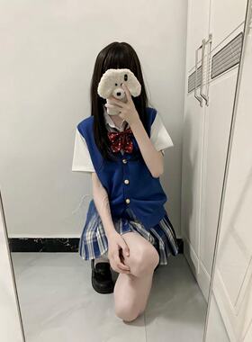 胖MM大码日系甜美可爱出片叠穿上衣jk马甲蓝色开衫V领针织衫背心