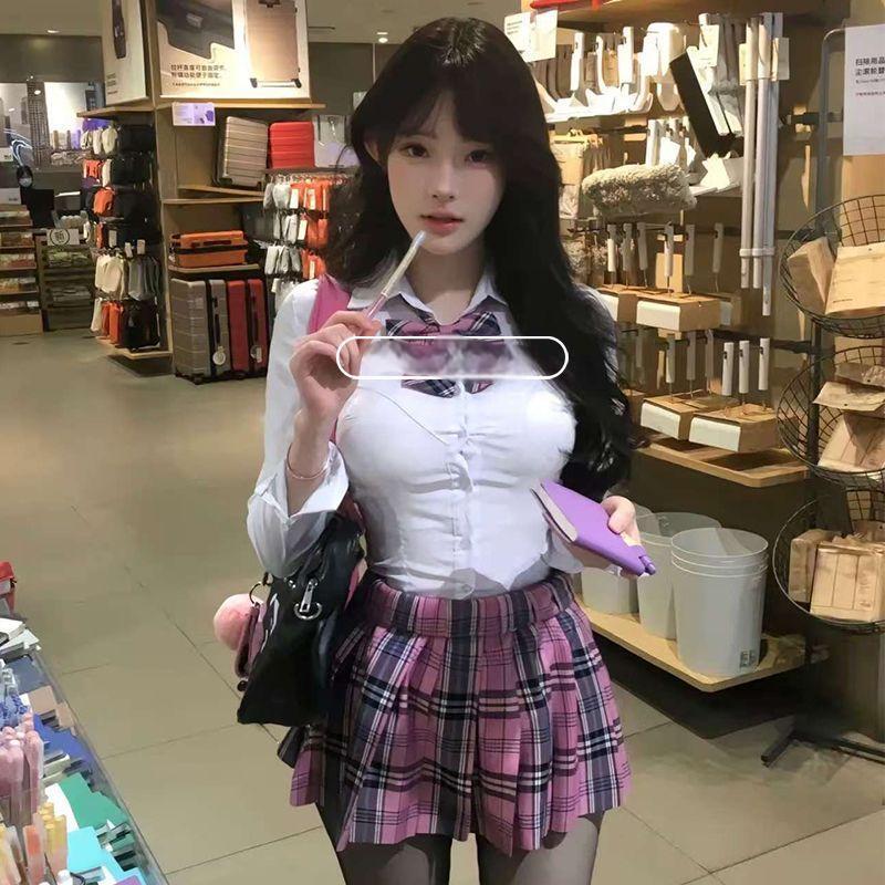 胖MM大码JK制服收腰衬衫女学院风修身显瘦白色长袖衬衣格裙一整套