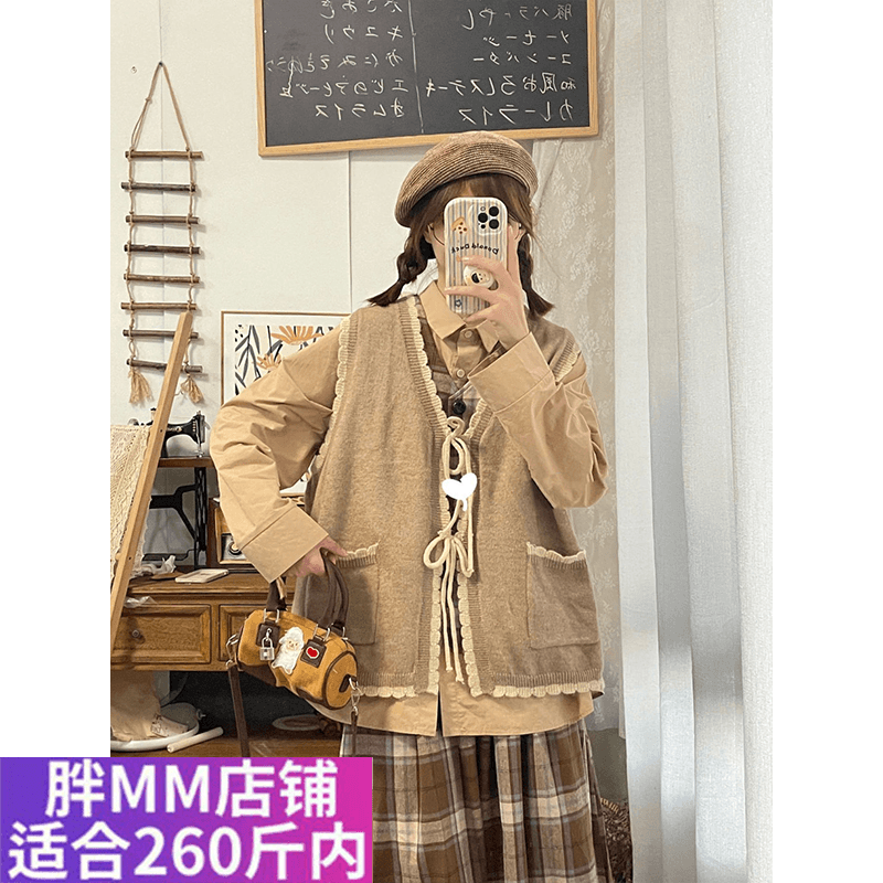 胖MM大码两件套装花边绑带复古文