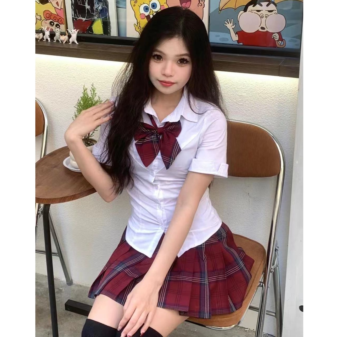 胖MM大码JK制服学院风收腰修身长短袖衬衫百搭高腰显瘦纯欲玄套装