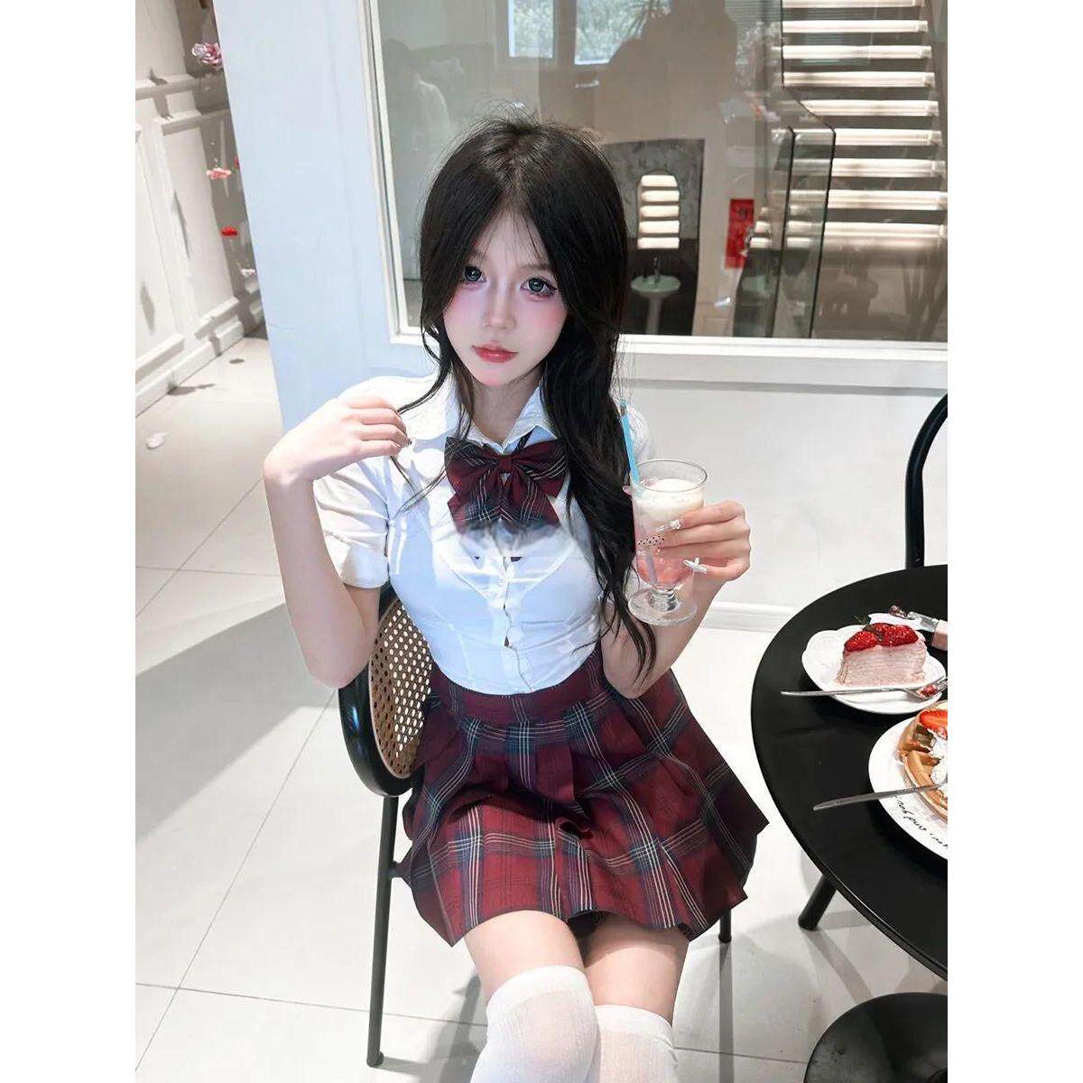 胖MM大码原创jk套装收腰衬衫短袖上衣辣妹修身显瘦纯欲百搭三件套