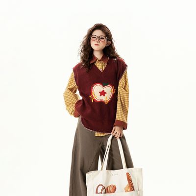 胖MM大码美式复古苹果提花针织衫马甲女秋冬宽松趣味百搭背心毛衣