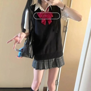叠穿日漫感上衣套装 胖MM大码 新款 JK制服背心毛衣针织衫 女 马甲夏季
