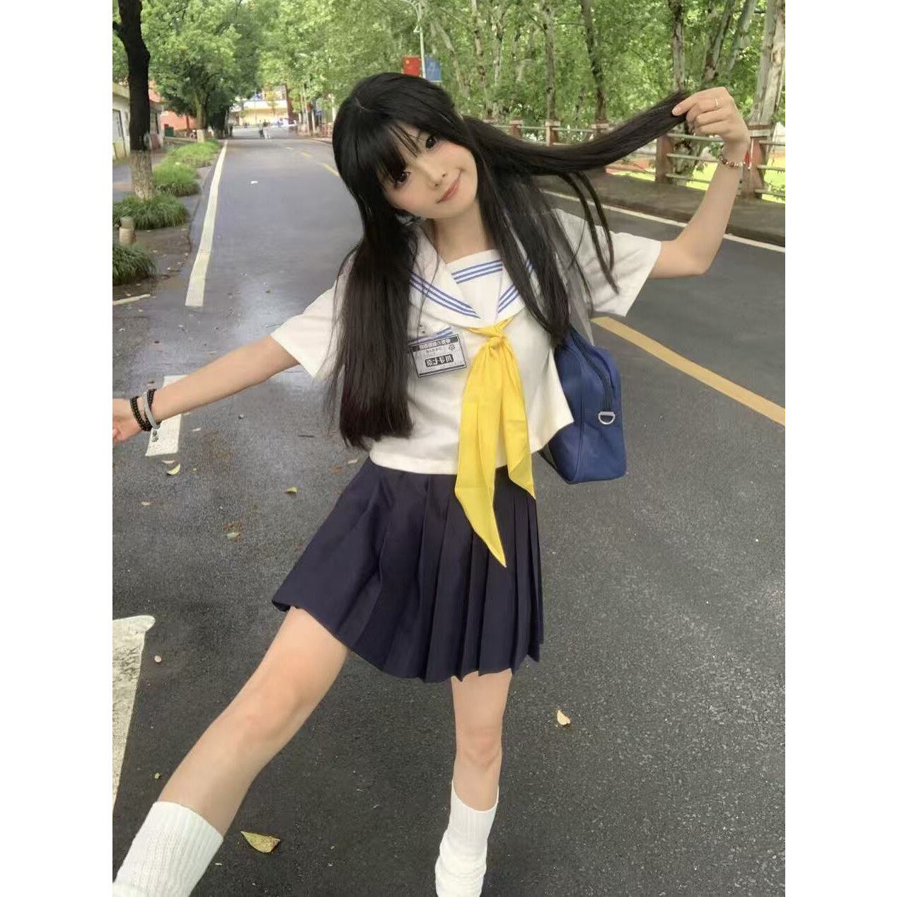 胖MM大码jk制服套装学院校供感海军领白领蓝三本水手服夏季一整套