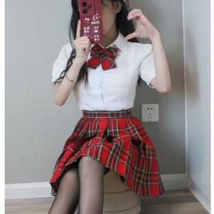 JK制服短袖 套装 收腰绑带白衬衫 款 学院风小辣椒百褶裙夏季 胖MM大码