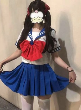 胖MM大码2025夏季学院风穿搭蓝色粉色JK短裙中间水手服美少女战士