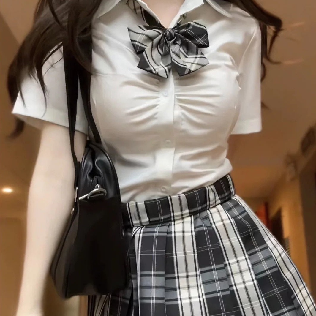 胖MM大码黑板报jk制服短格修身衬衫套装夏季收腰辣妹半身裙三件套