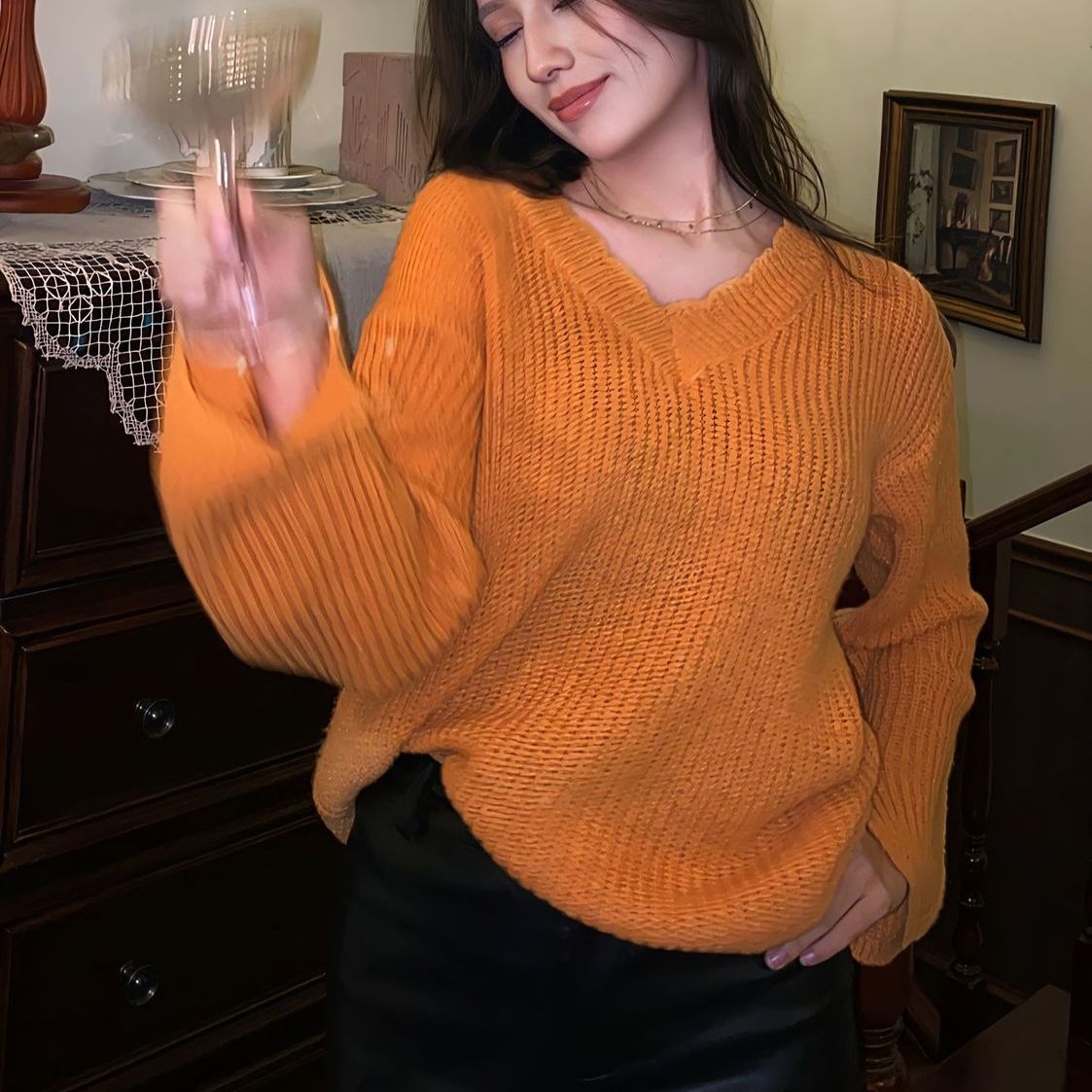 胖MM大码慵懒风大V领针织衫女秋冬休闲显瘦简约套头百搭罩衫毛衣