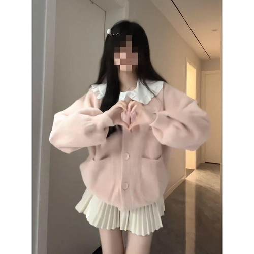 胖MM大码秋冬粉色毛绒绒针织开衫外套叠穿甜美娃娃领衬衫JK套装女