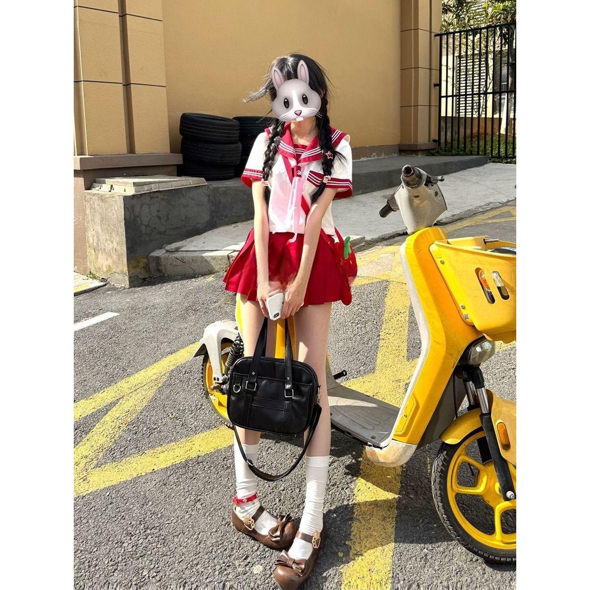 胖MM大码JK制服日系红三本水手服学院短裙短袖校供多巴胺新品套装图片