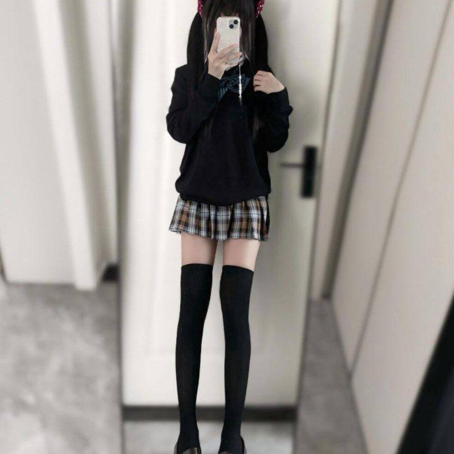 胖MM大码秋刀鱼/jk制服毛衣格裙套装秋冬长袖上衣学院风叠针织衫图片