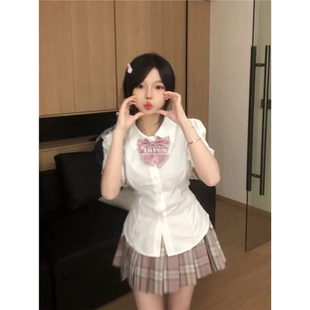 妹衬衣套装 特大码 上衣短袖 女装 女 微胖MM200斤遮肚jk制服收腰衬衫