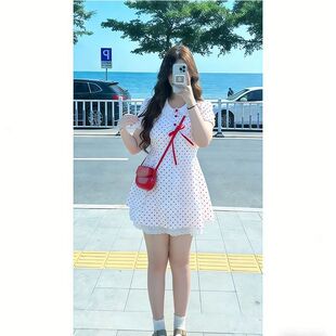 胖MM大码专属可爱甜美显白红色波点娃娃领短袖连衣裙宽松蝴蝶结女