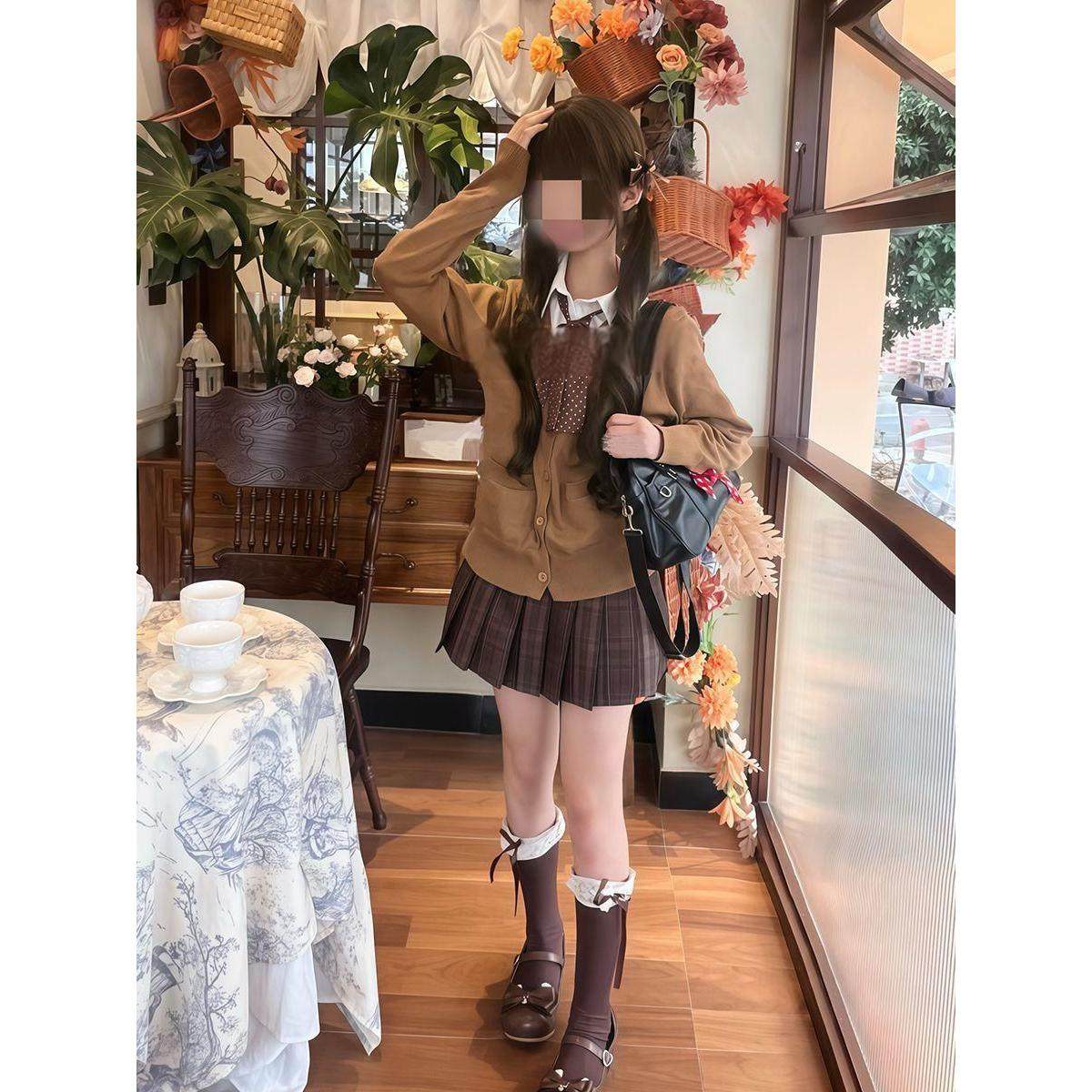 胖MM大码焦糖可颂JK制服套装格裙长袖开衫毛衣糖炒栗子穿搭一整套