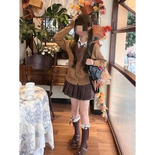 开衫 格裙长袖 毛衣糖炒栗子穿搭一整套 焦糖可颂JK制服套装 胖MM大码