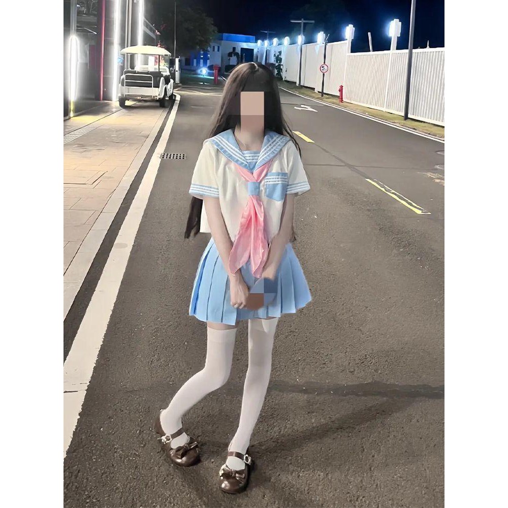 胖MM大码夏季套装基础款日系JK制服水手服萌款软妹显瘦水色百褶裙图片