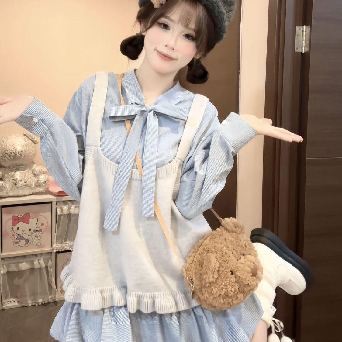 胖MM大码韩系复古格子蝴蝶结系带衬衫裙显瘦花苞裙女背心甜美套装