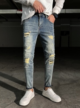 复古做旧蓝色春秋大破洞补丁贴布牛仔男裤修身青春微弹刮烂潮裤